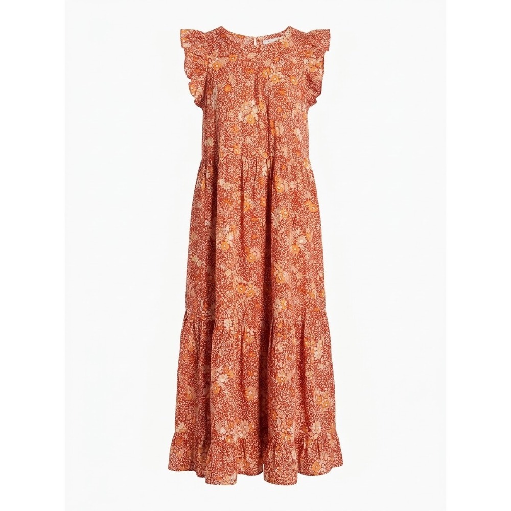 Universal Thread Floral Ruffle Maxi Dress Women XL Orange Red Tiered Sleeveless